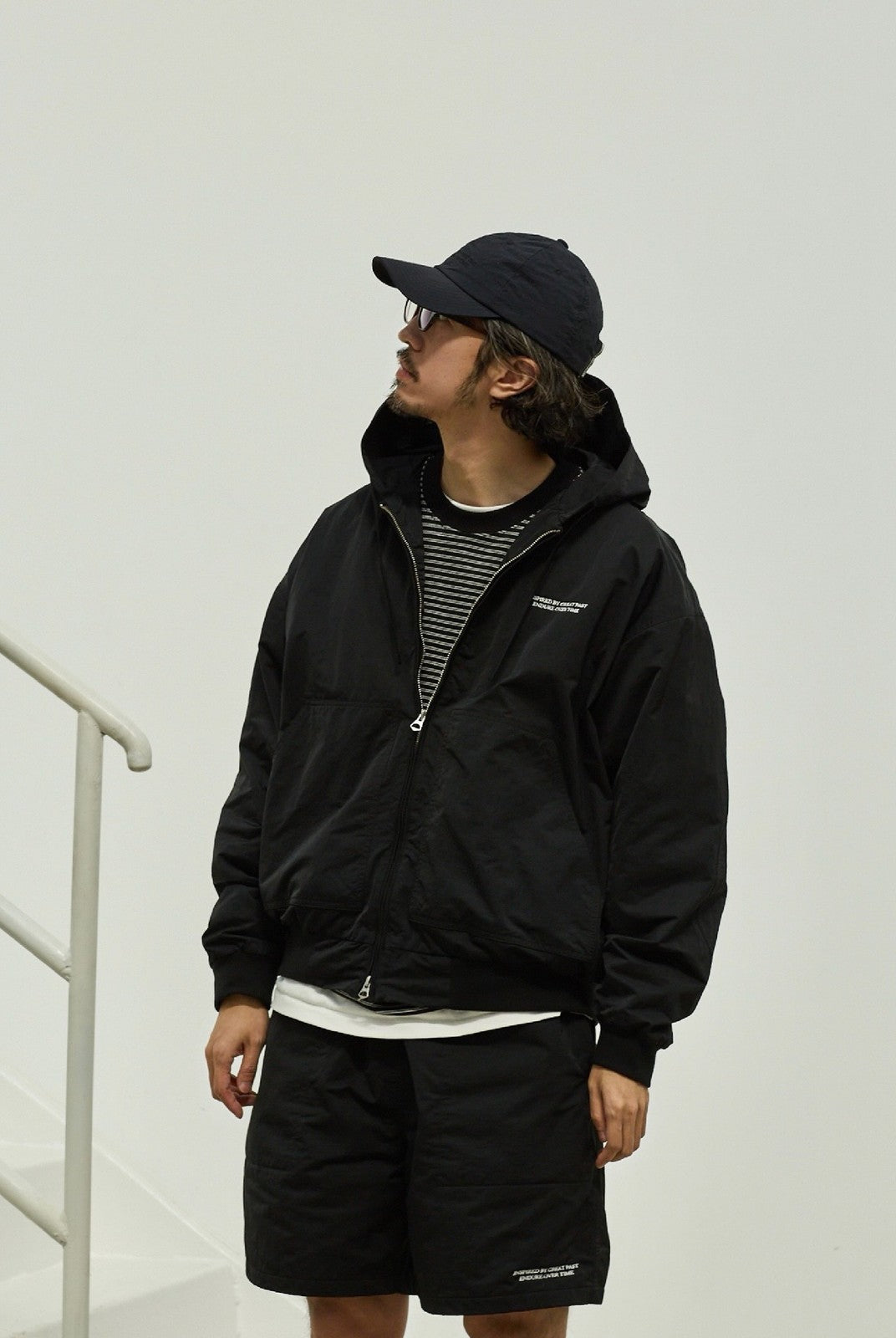 USAGE Crinkle Nylon Hooded Track Jacket in Black - On Male Model