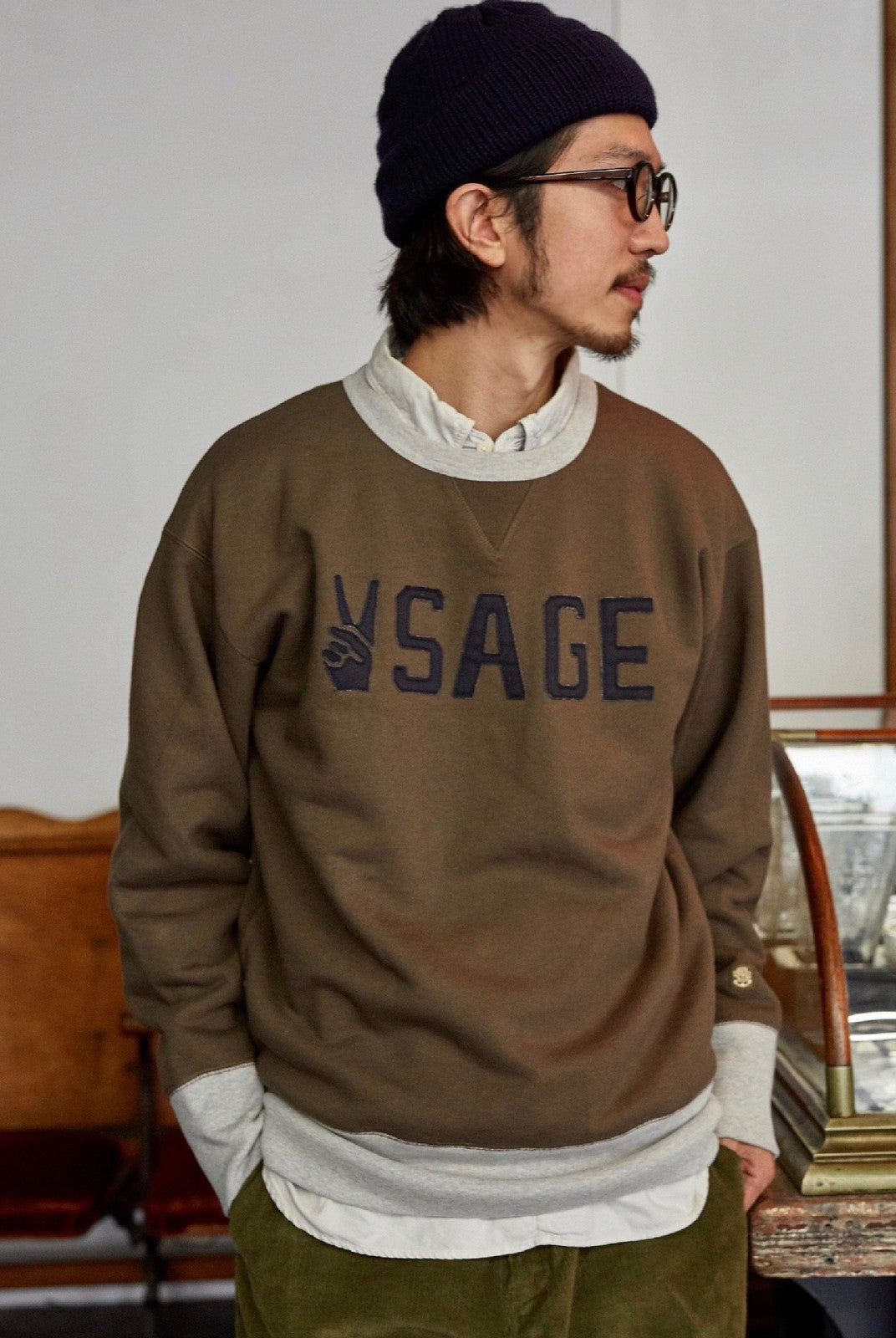 USAGE Graphic Two Tone Cotton Sweatshirt in Brown - On Male Model