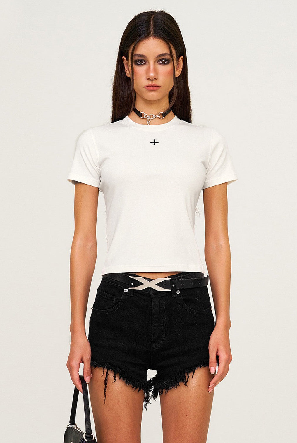 SMFK Embroidered Cross Crewneck Tee in White - On Female Model