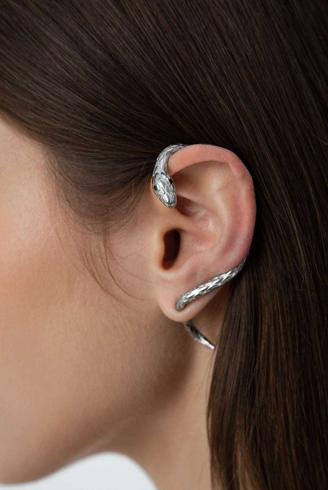 BLACKHEAD Exaggerated Snake Ear Cuff in Silver - On Female Model