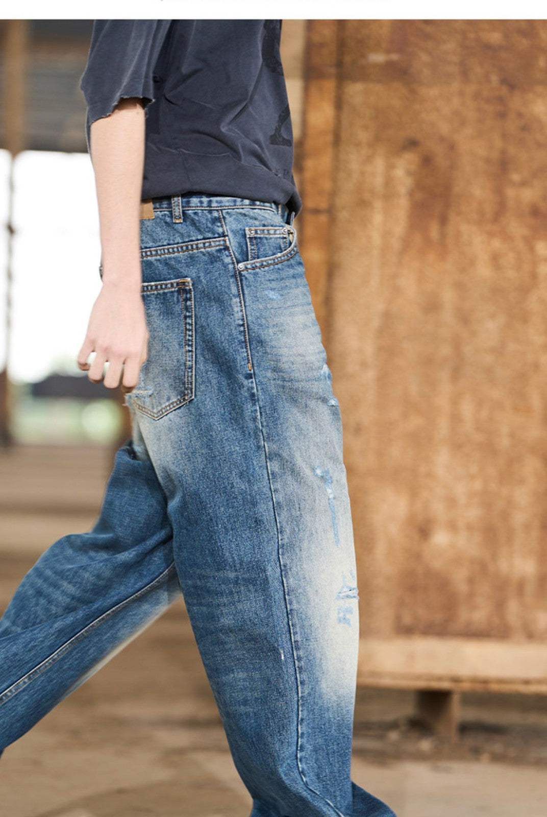 BLINDNOPLAN Distressed Dark Wash Straight Jeans in Blue - On Model
