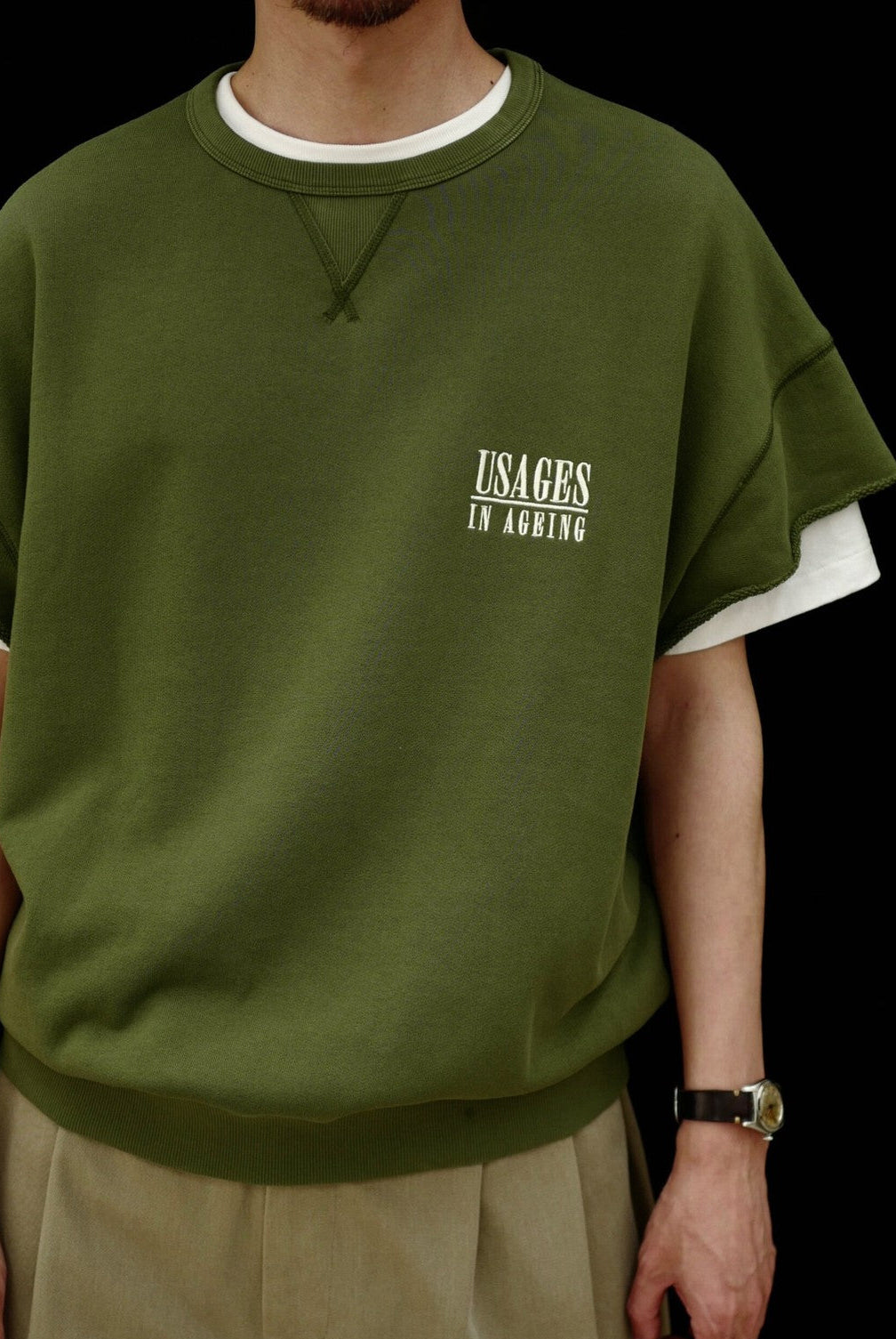 USAGE Raw Edge Cotton Short Sleeve Sweatshirt in Olive - On Male Model