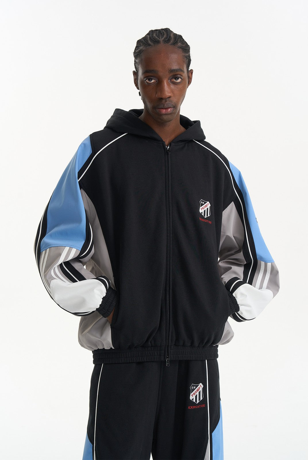 BLINDNOPLAN Color Blocked Hooded Track Jacket in Black - On Male Model