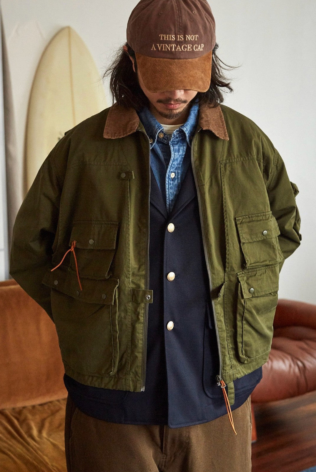 USAGE Corduroy Collar Cotton Fishing Jacket in Olive - On Male Model