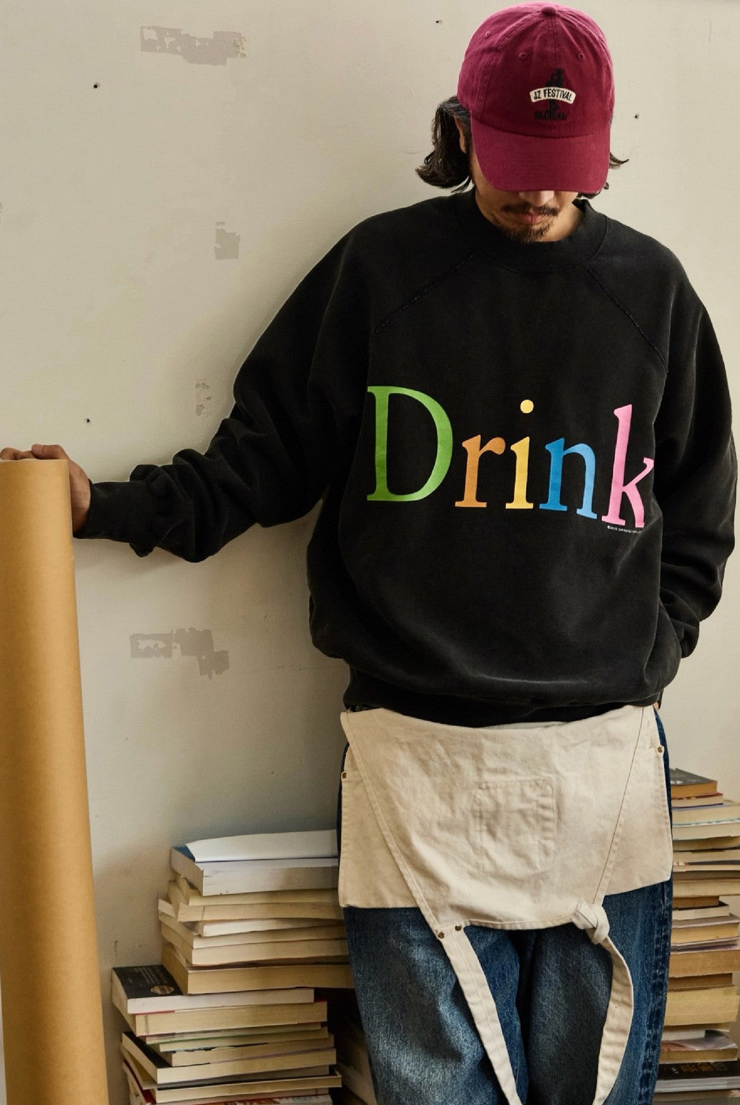 USAGE Washed Cotton Graphic Sweatshirt in Black - On Male Model