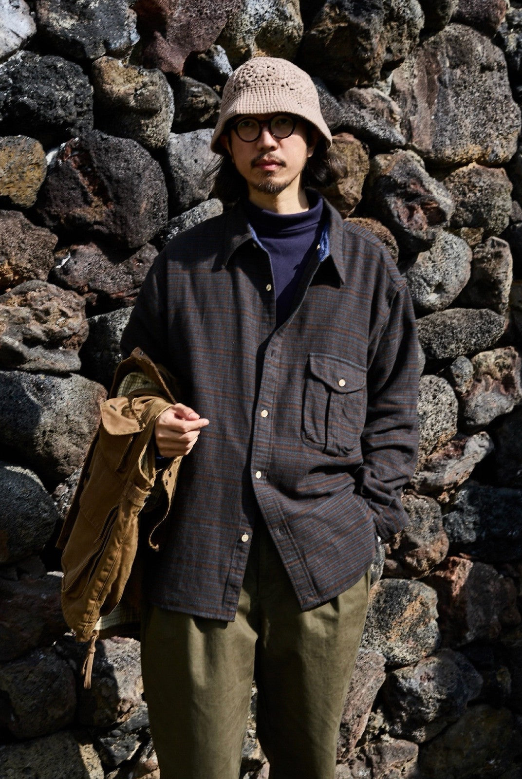USAGE Detachable Hood Cotton Plaid Shirt in Brown - On Male Model
