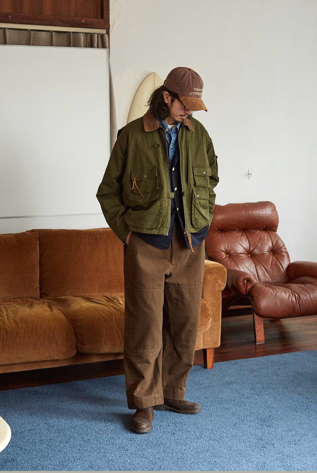 USAGE Corduroy Collar Cotton Fishing Jacket in Olive - On Male Model