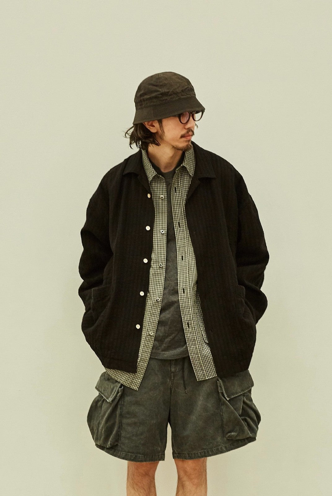 USAGE Textured Cotton Ramie Work Shirt in Black - On Male Model