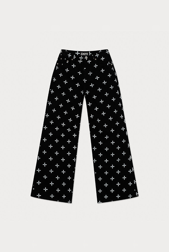 SMFK All Over Print Wide Leg Jeans in Black