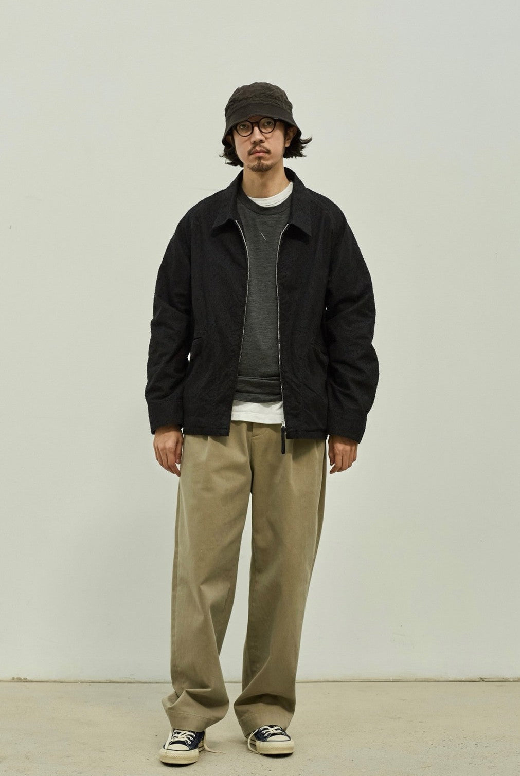 USAGE Textured Nep Blouson Jacket in Black - On Male Model