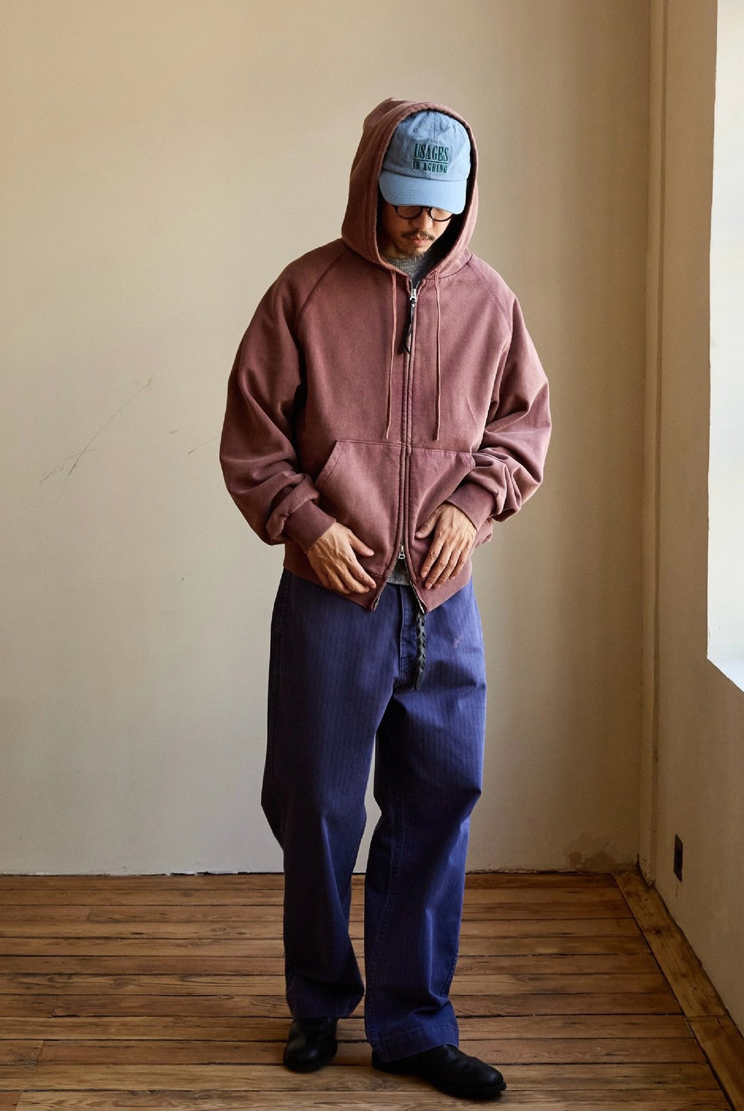 USAGE Vintage Washed Double Layer Zip Hoodie in Burgundy - On Male Model