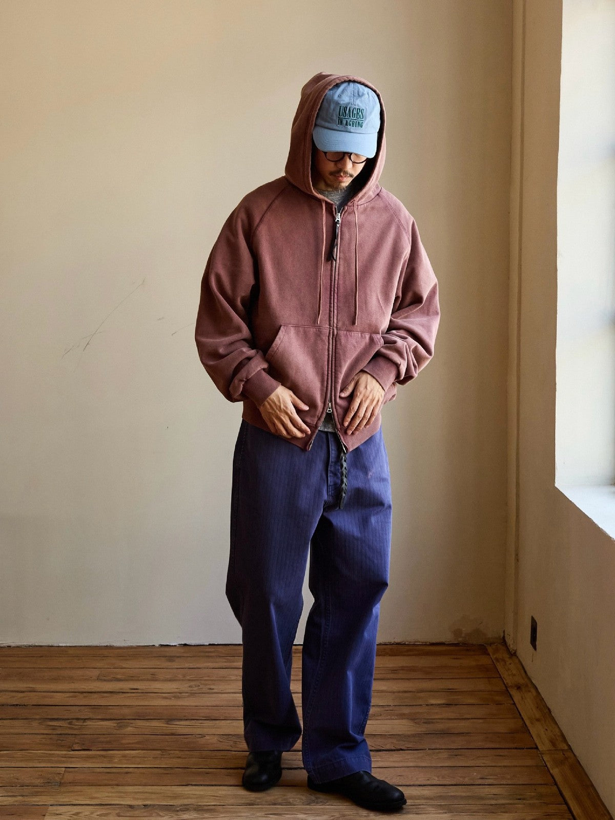 USAGE Vintage Washed Double Layer Zip Hoodie in Burgundy - On Male Model