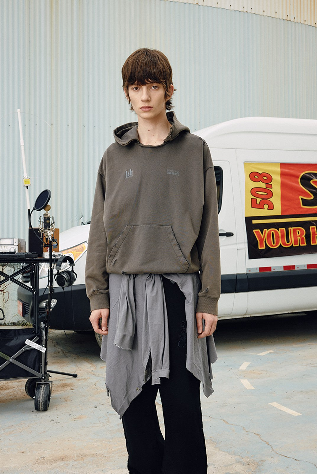 SOD Heavy Washed Distressed Hoodie in Green - On Male Model