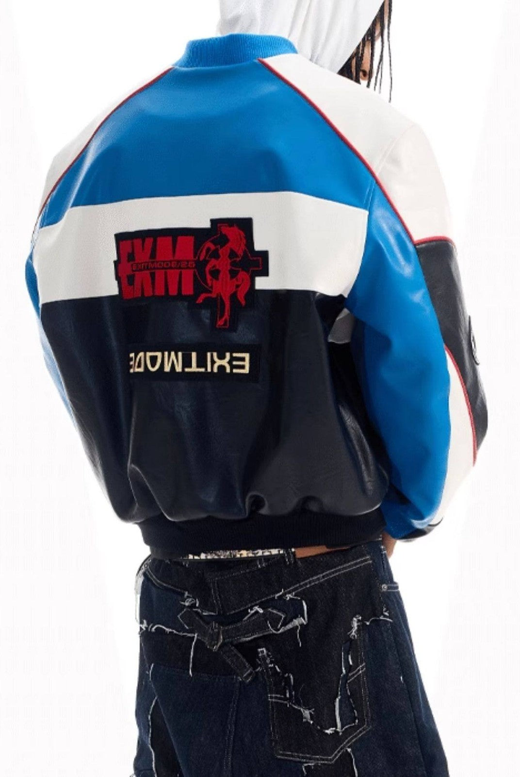 BLINDNOPLAN Color Block Faux Leather Padded Jacket in Blue - On Model