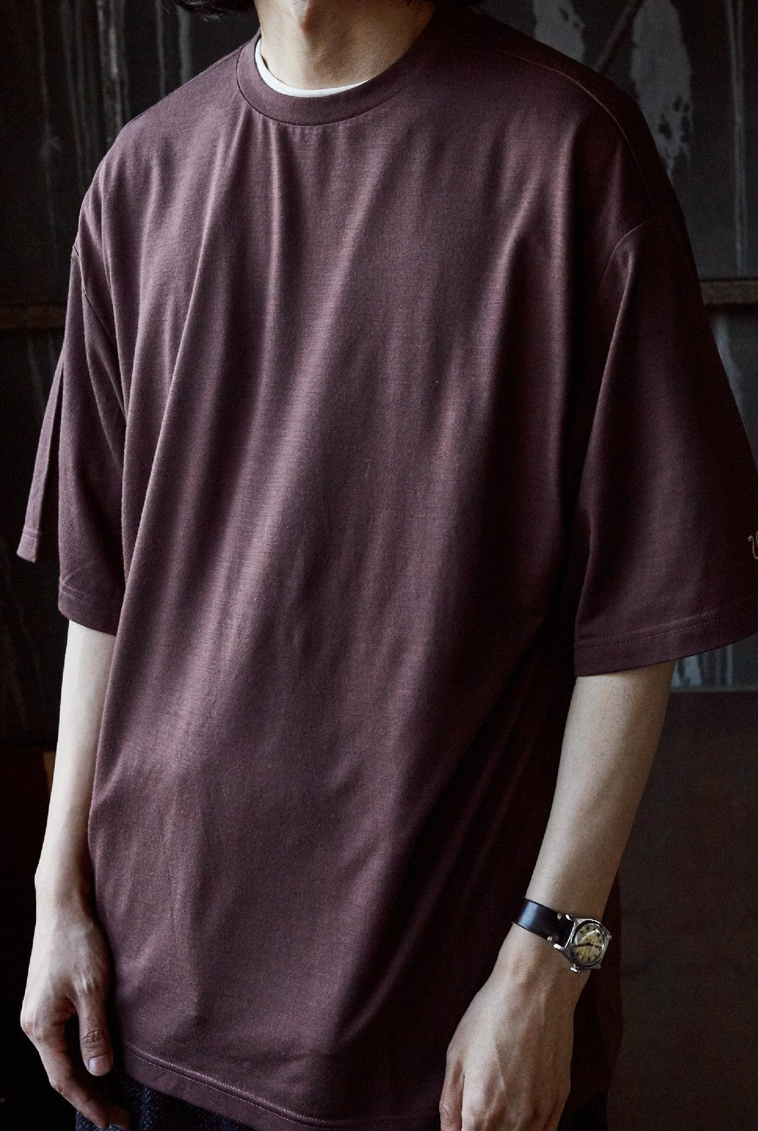 USAGE Merino Wool Blend T Shirt Set in Brown - On Male Model