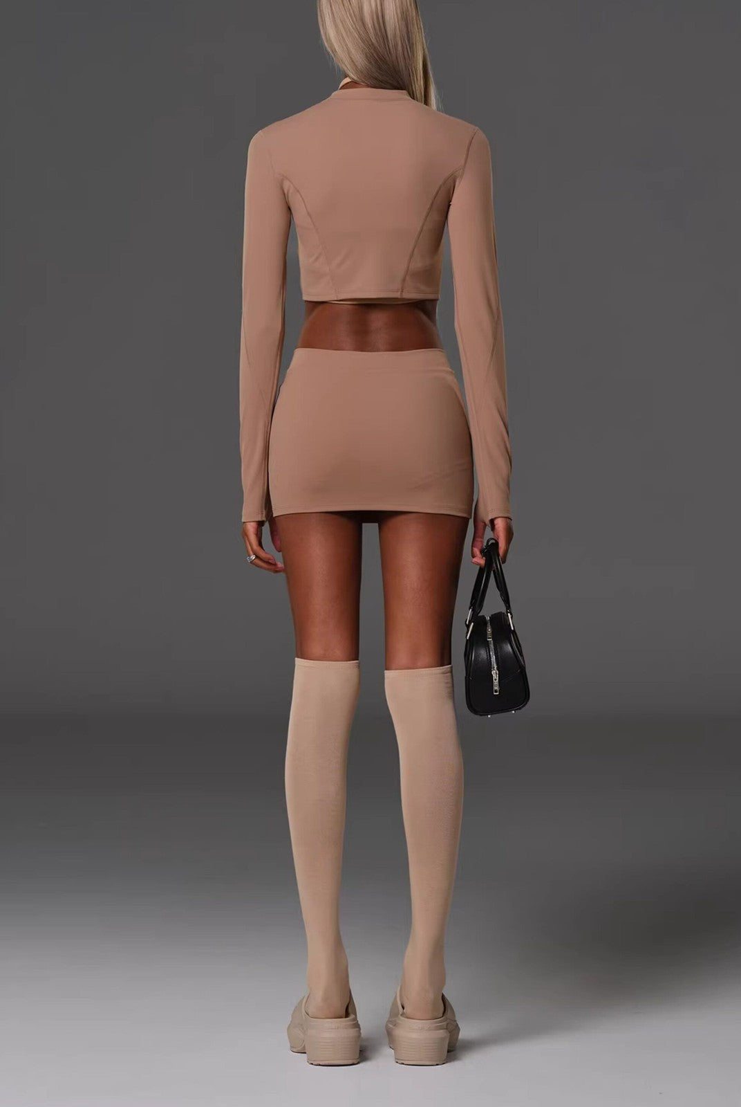 SMFK Cropped Nylon Blend Zip Up Jacket in Brown - On Female Model