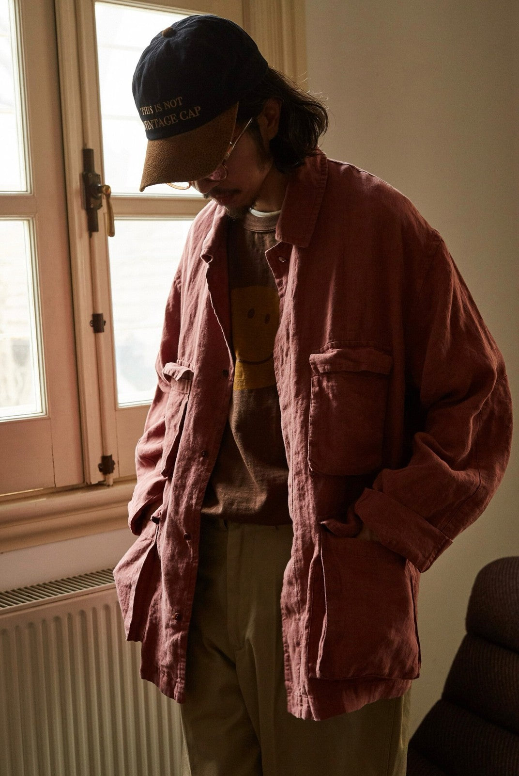 USAGE Linen Four Pocket BDU Jacket in Pink - On Male Model