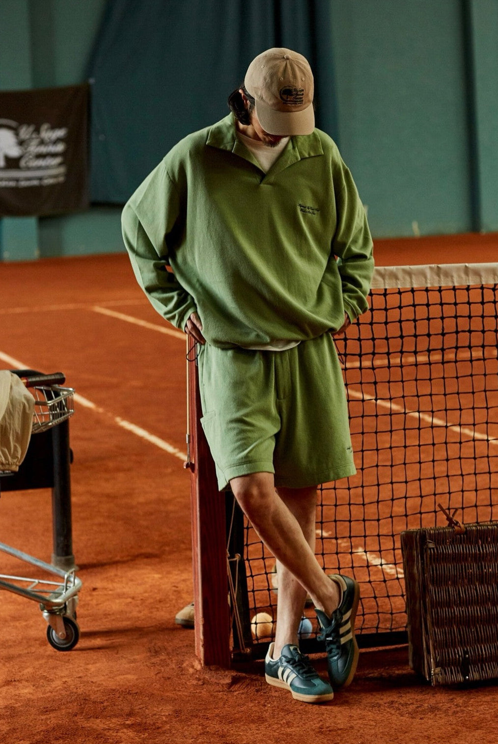 USAGE Oversized Textured Long Sleeve Polo in Mint - On Male Model