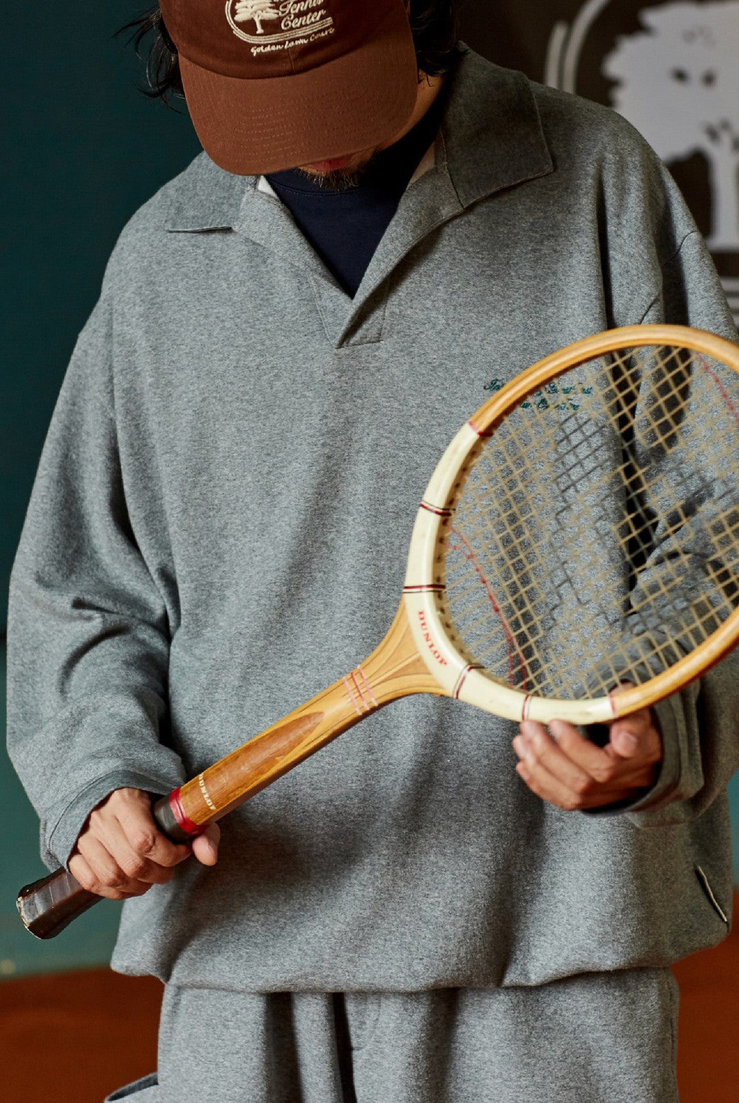 USAGE Oversized Textured Long Sleeve Polo in Gray - On Male Model