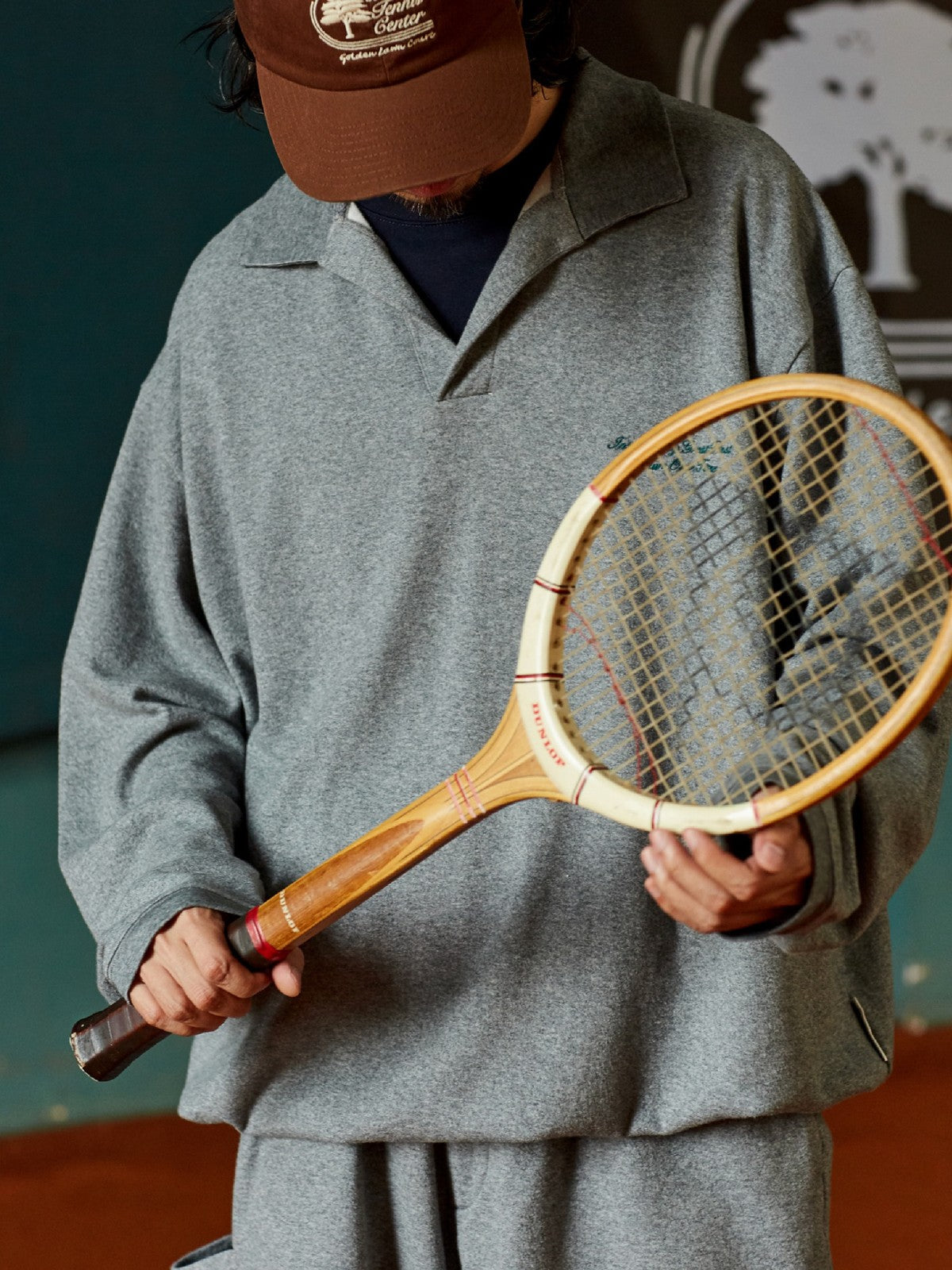 USAGE Oversized Textured Long Sleeve Polo in Gray - On Male Model
