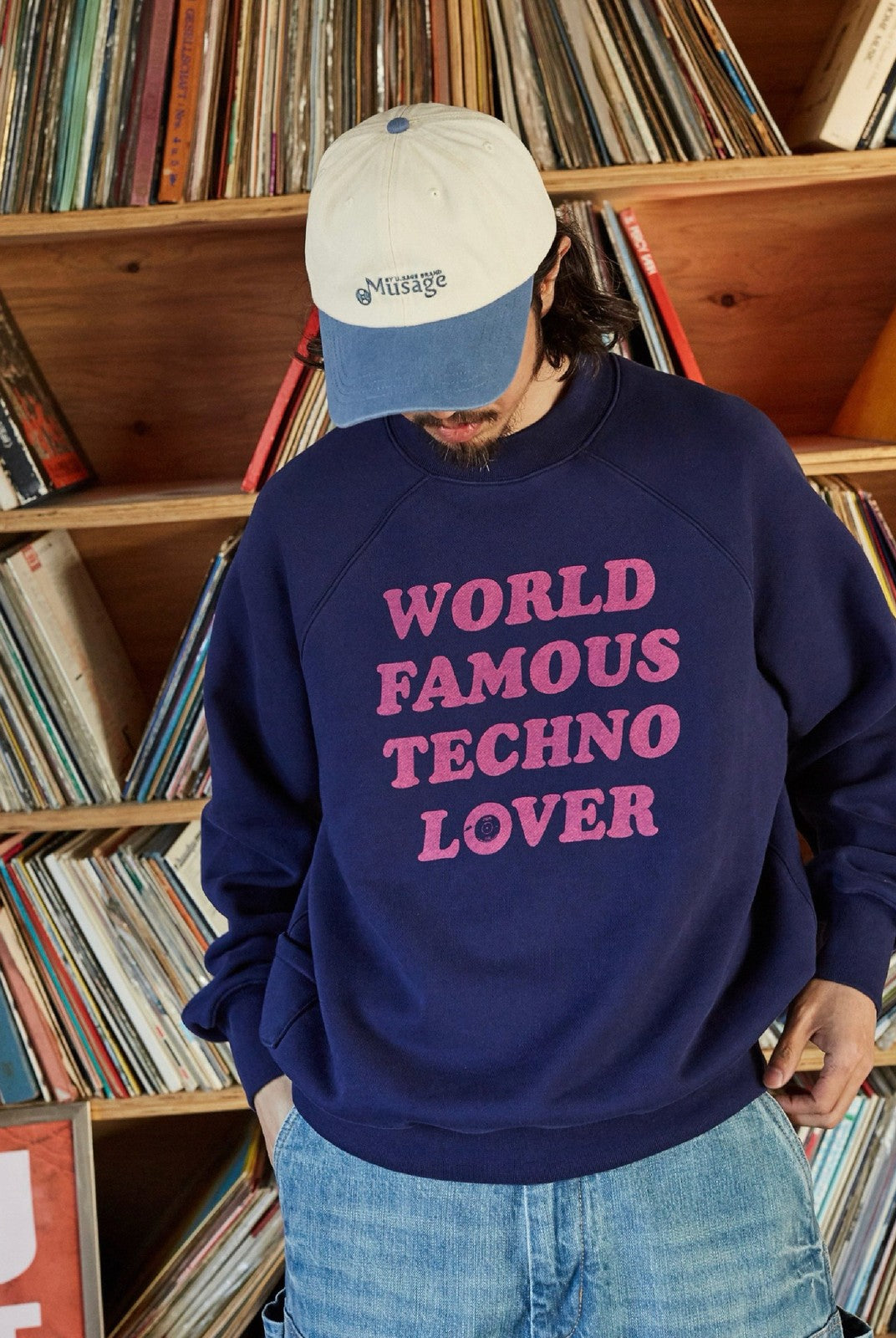 USAGE Heavyweight Raglan Graphic Sweatshirt in Navy Blue - On Male Model