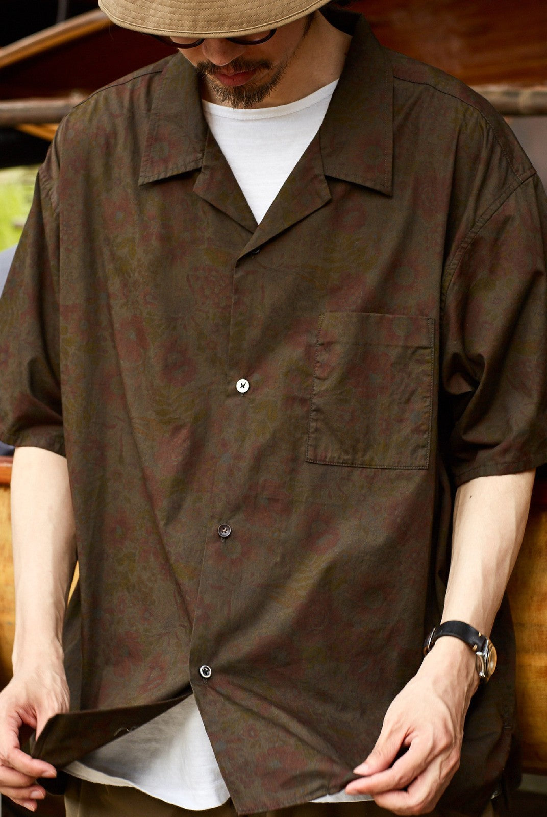 USAGE Floral Japanese Cotton Aloha Shirt in Brown - On Male Model