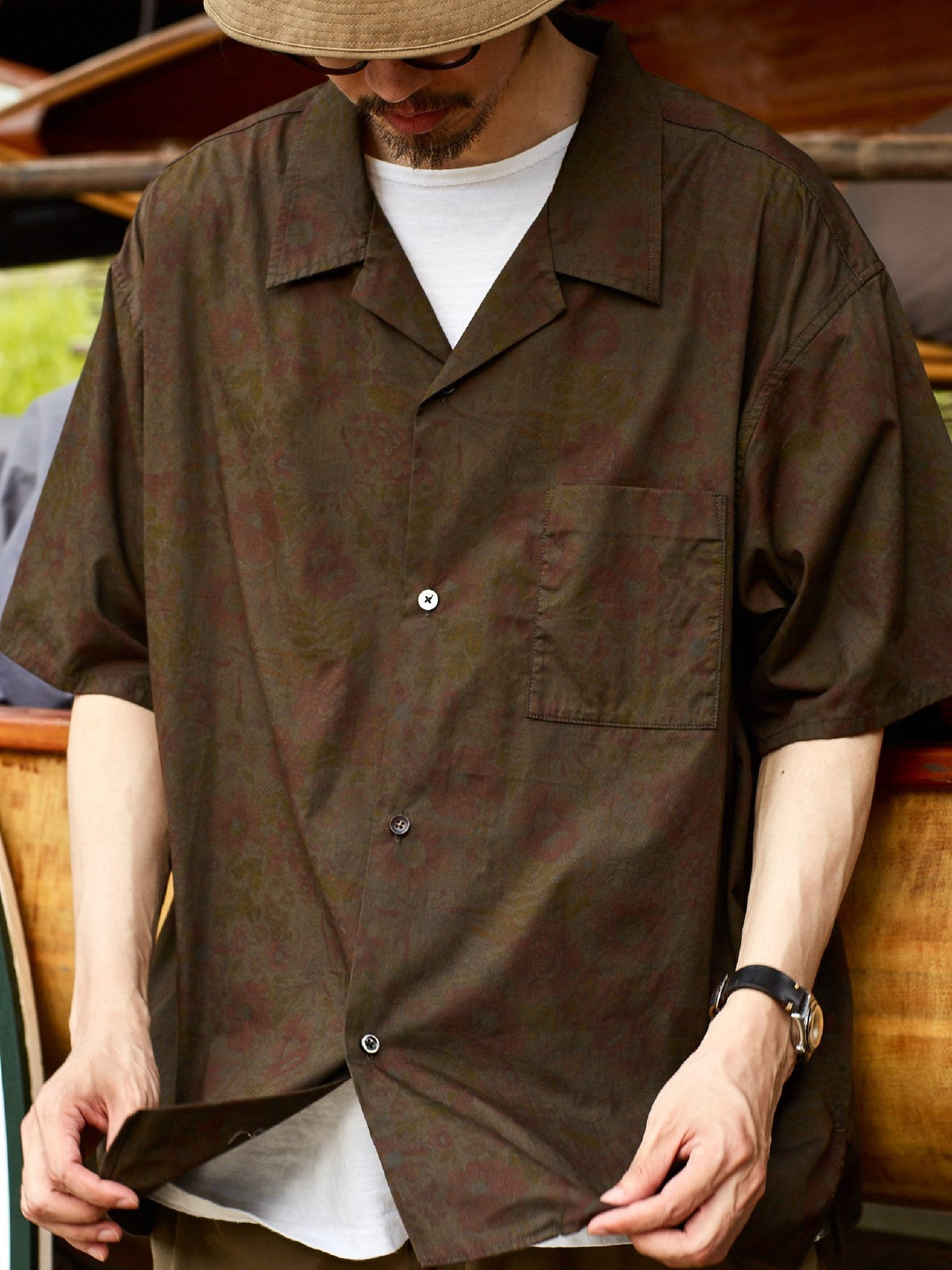 USAGE Floral Japanese Cotton Aloha Shirt in Brown - On Male Model