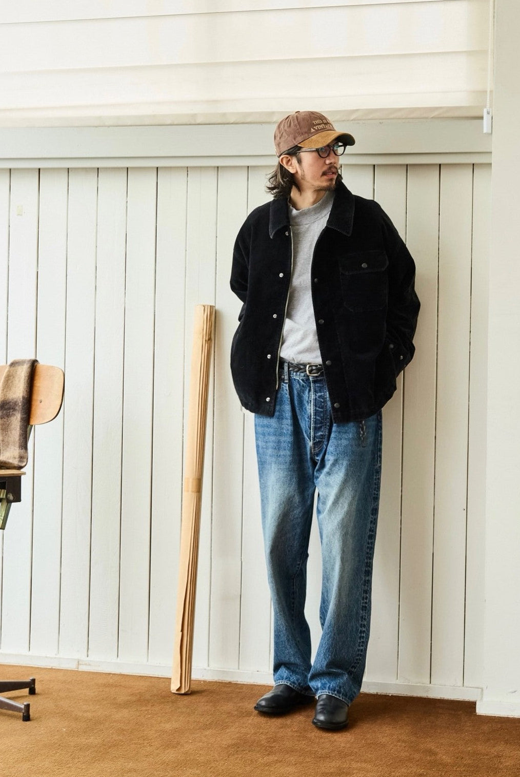 USAGE Wide Wale Corduroy Deck Jacket in Black - On Male Model