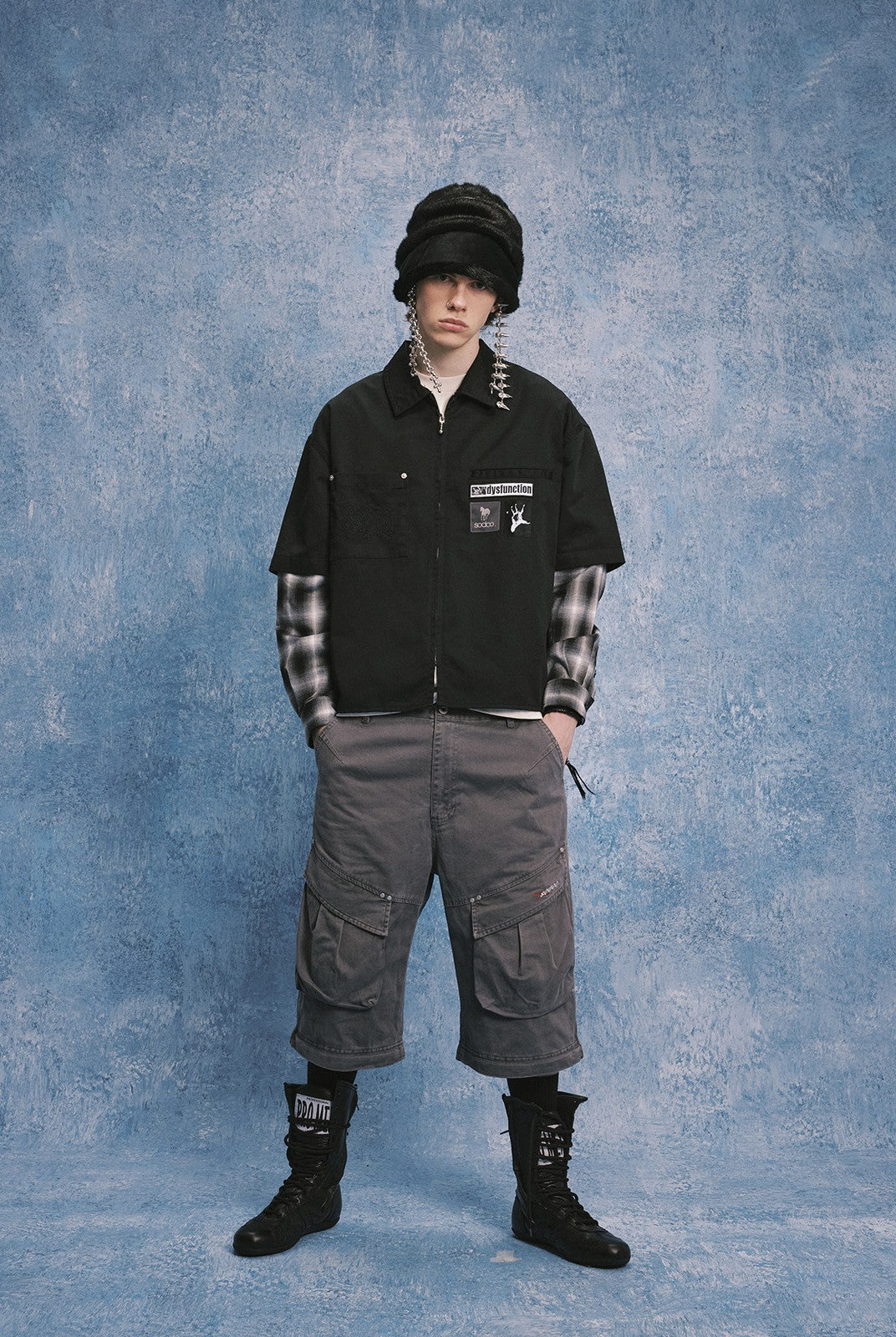 SOD Layered Sleeve Zip Up Shirt Jacket in Black - On Male Model