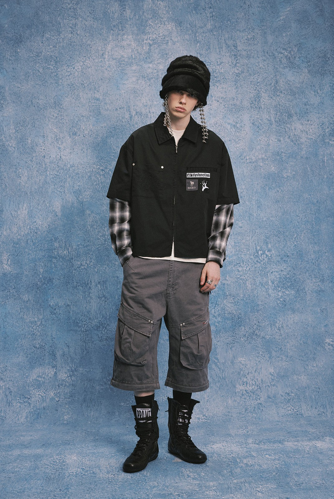 SOD Layered Sleeve Zip Up Shirt Jacket in Black - On Male Model