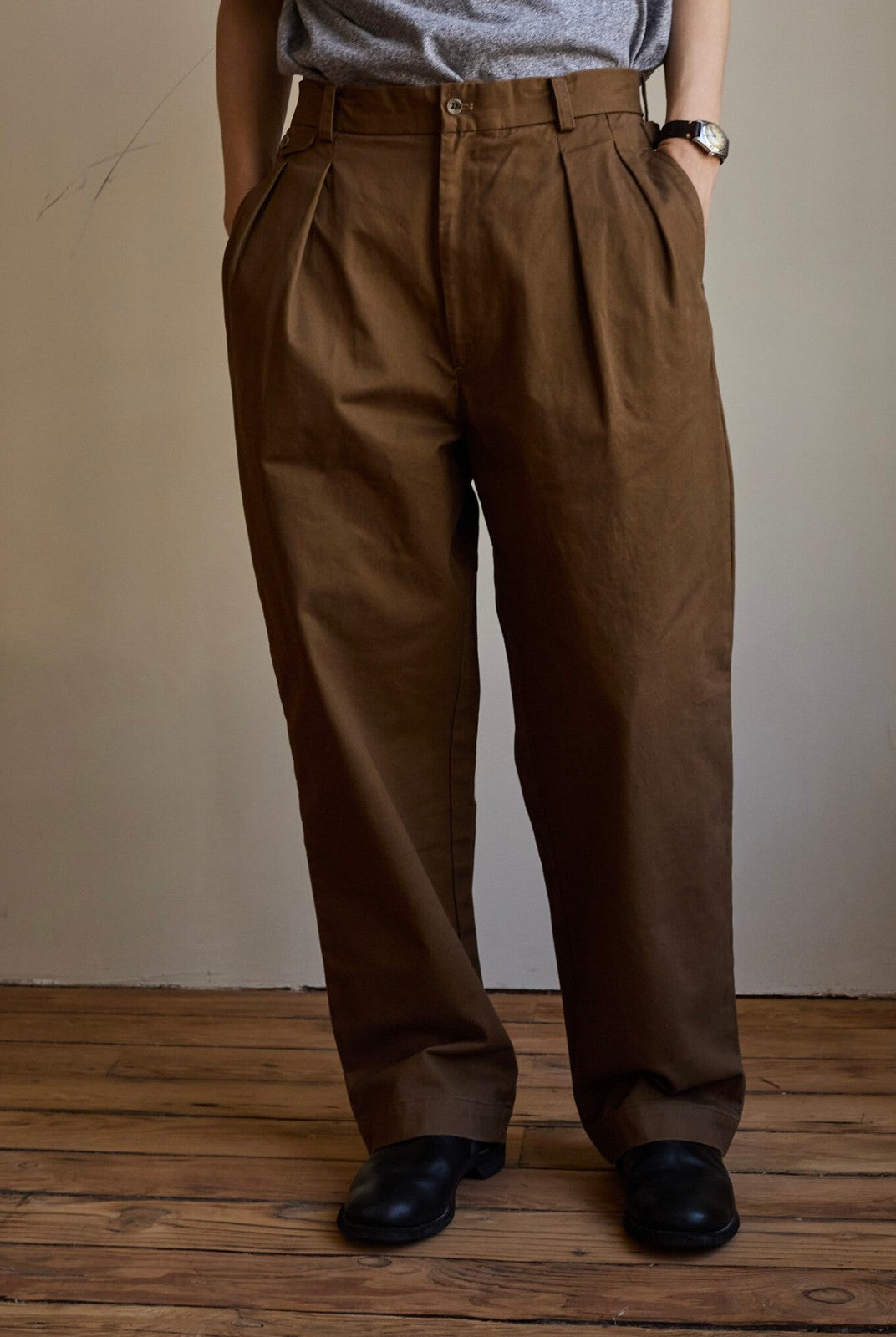 USAGE Pleated Cotton Twill Chinos in Beige - On Model