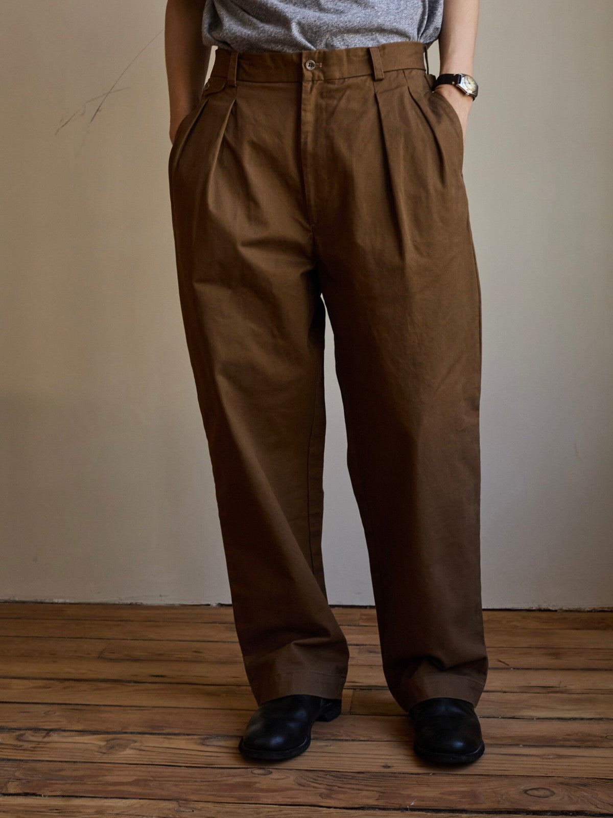 USAGE Pleated Cotton Twill Chinos in Beige - On Model