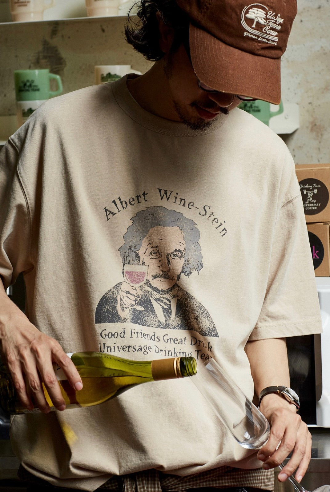 USAGE Vintage Wash Einstein Graphic T Shirt in Beige - On Male Model