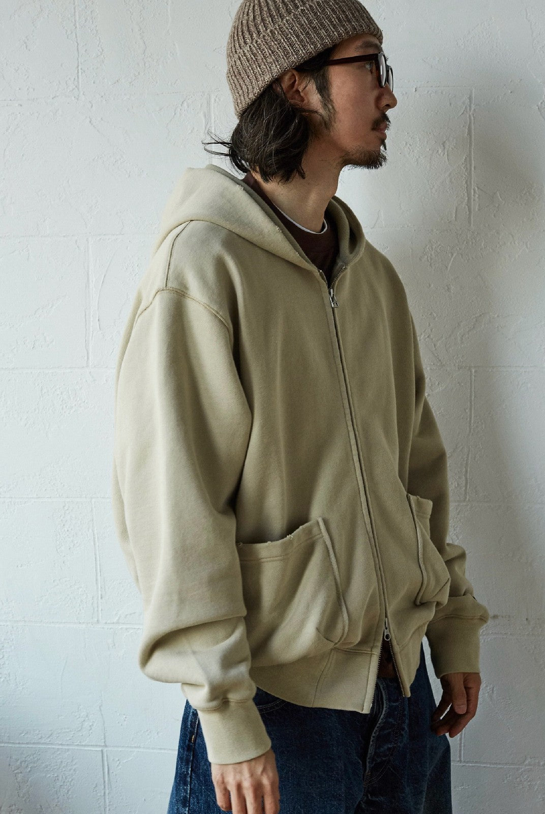 USAGE Hand Distressed Washed Zip Hoodie in Beige - On Male Model
