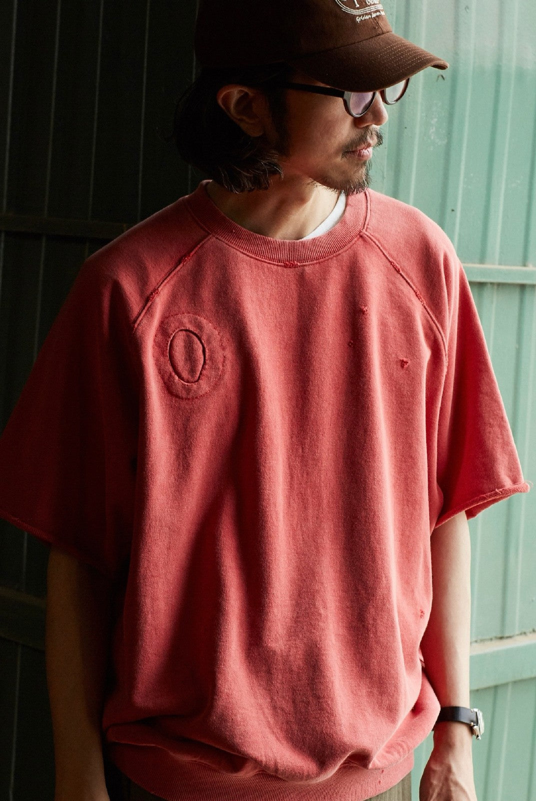 USAGE Vintage Wash Distressed Short Sleeve Sweatshirt in Red - On Male Model