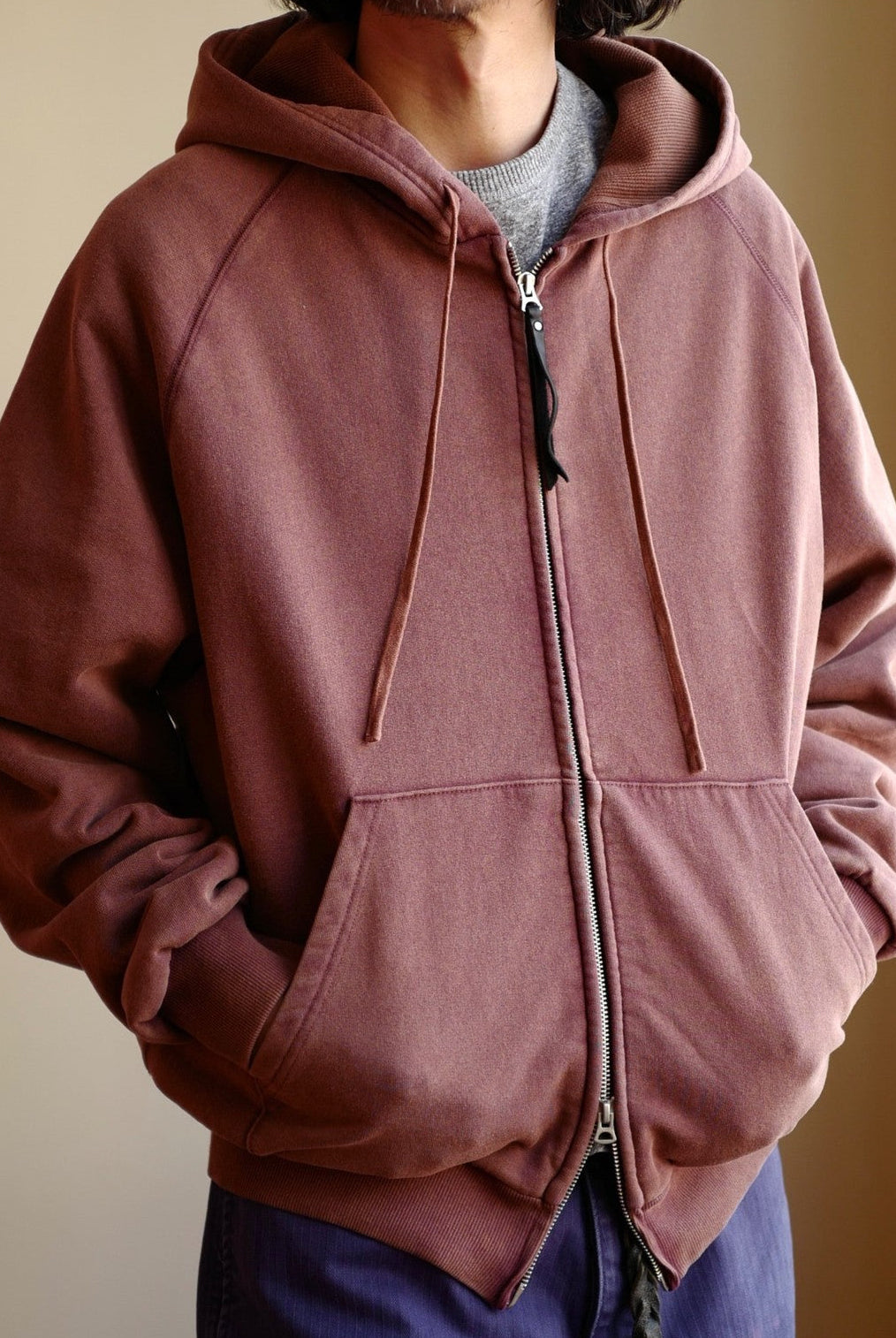 USAGE Vintage Washed Double Layer Zip Hoodie in Burgundy - On Male Model