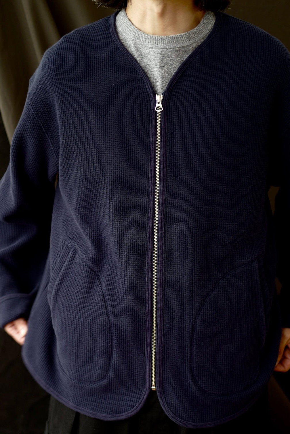USAGE Heavyweight Waffle Knit Zip Cardigan in Navy Blue - On Male Model