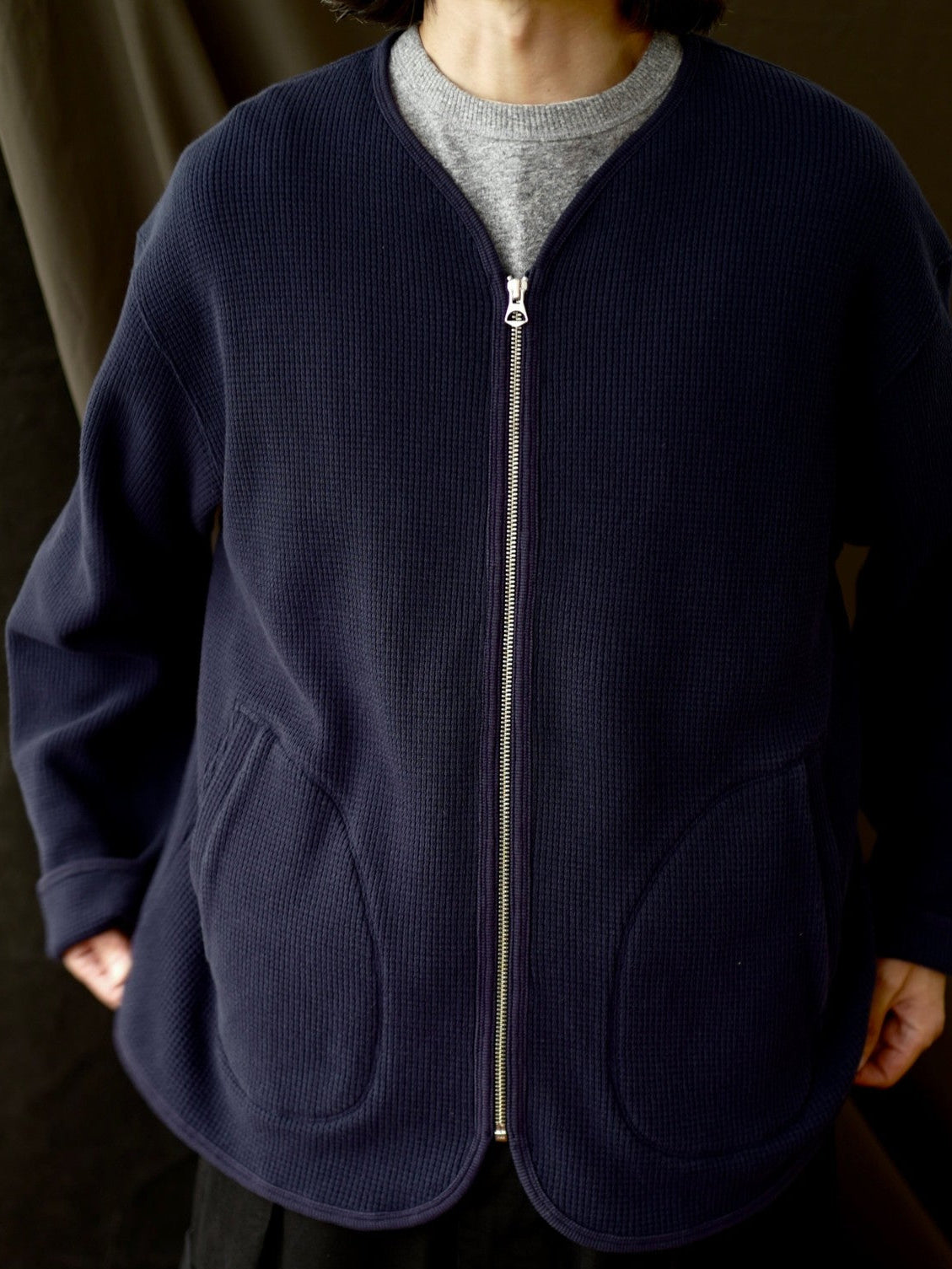 USAGE Heavyweight Waffle Knit Zip Cardigan in Navy Blue - On Male Model