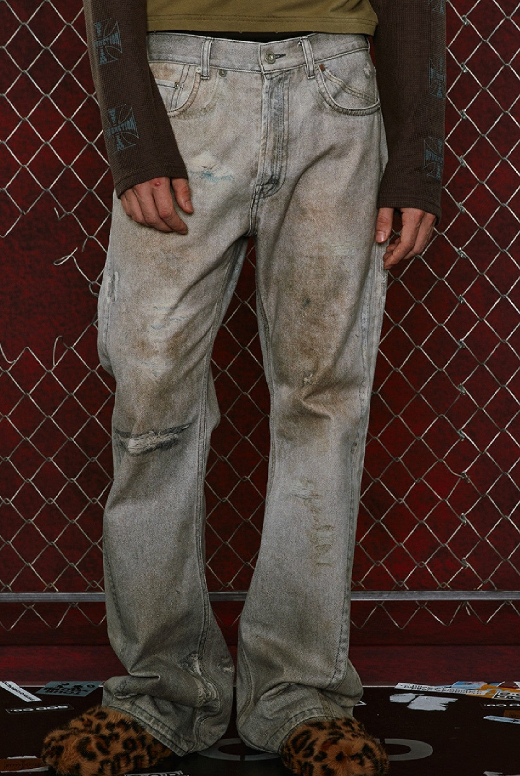 SOD Digital Stain Micro Flare Jeans in Gray - On Male Model