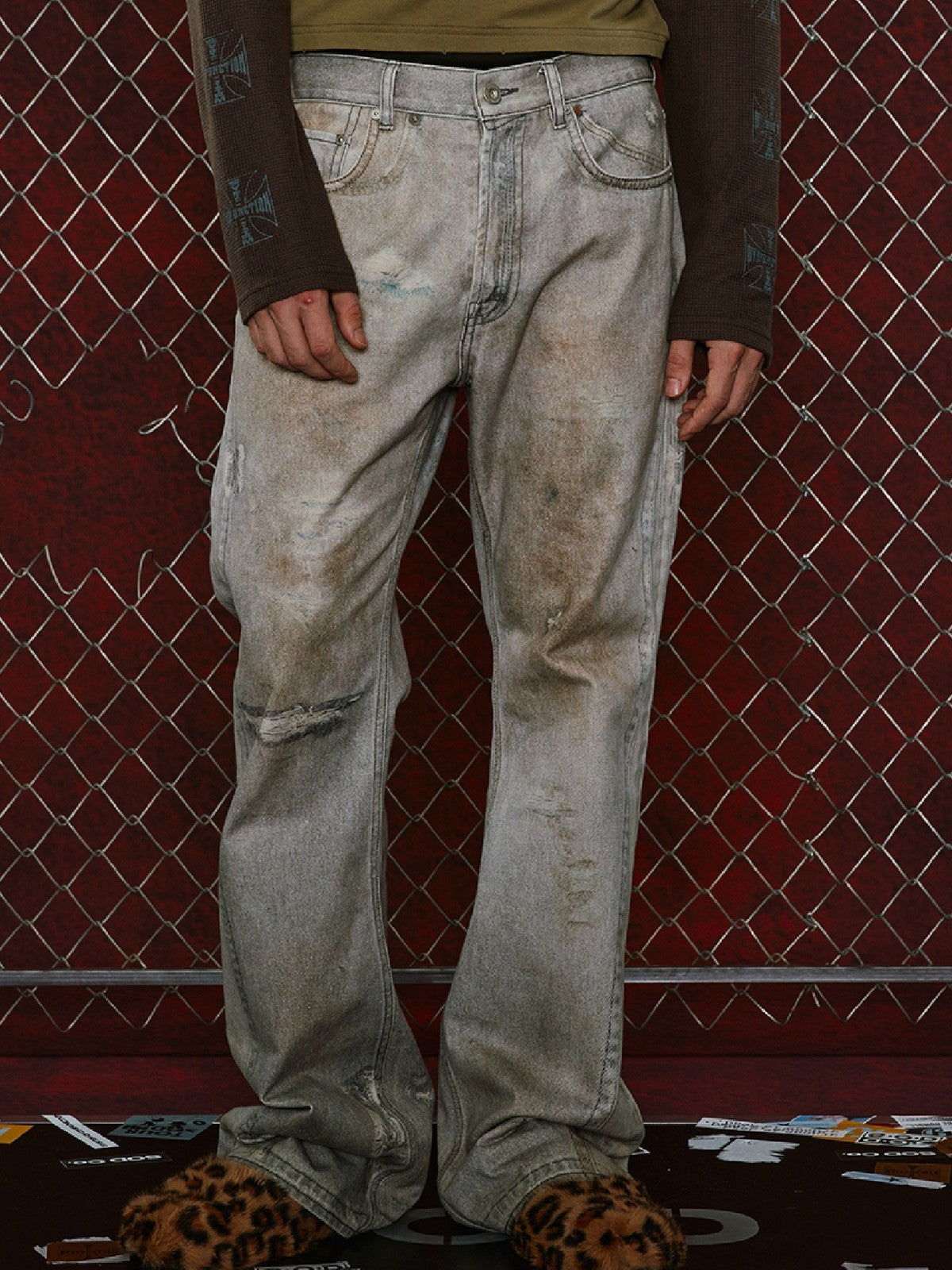 SOD Digital Stain Micro Flare Jeans in Gray - On Male Model