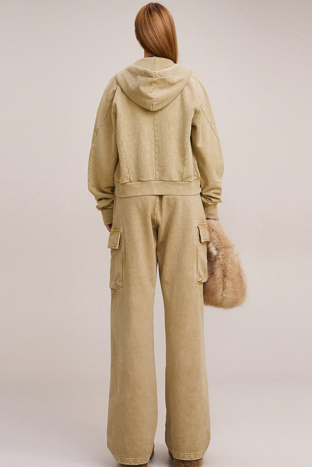 SMFK Garment Dyed Cotton Zip Up Hoodie in Beige - On Model