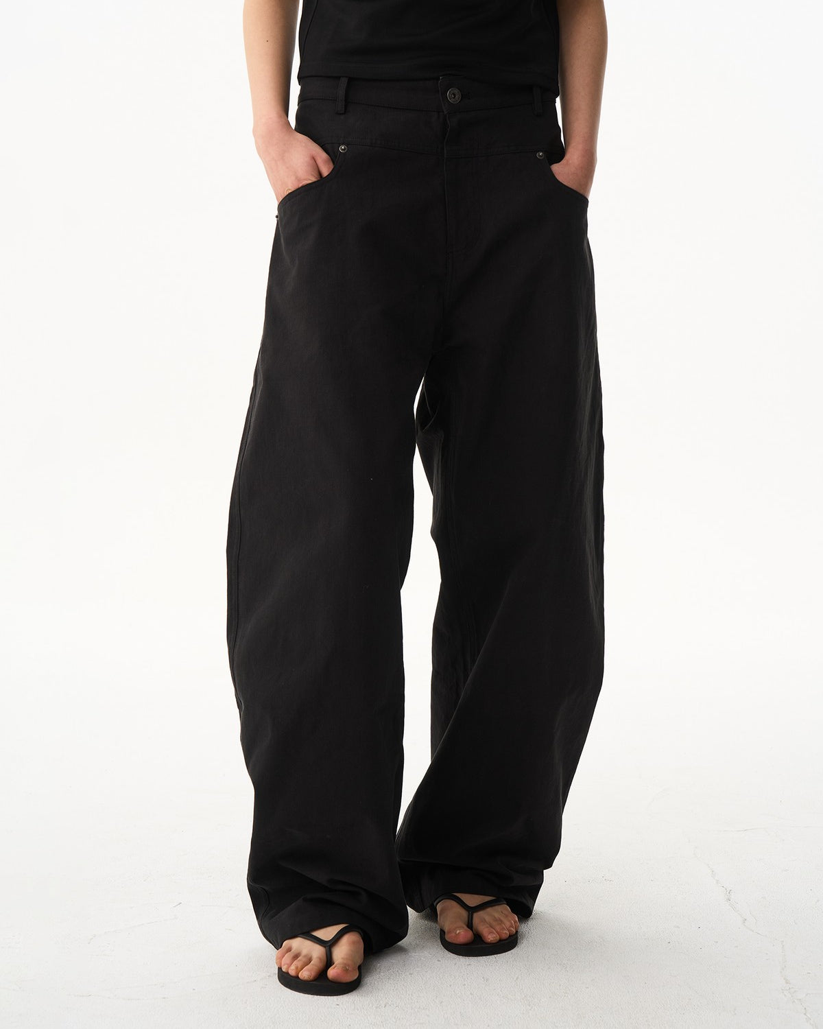 BLINDNOPLAN Leather Spliced Straight Leg Pants in Black - On Model