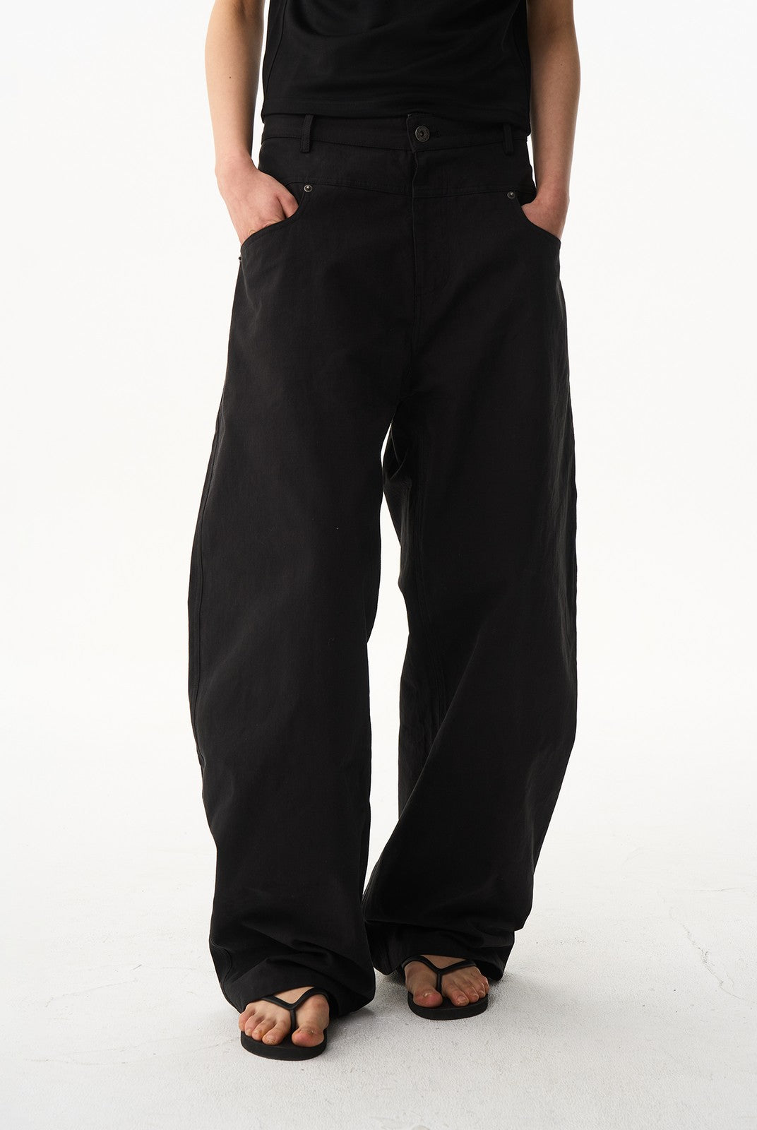 BLINDNOPLAN Leather Spliced Straight Leg Pants in Black - On Model