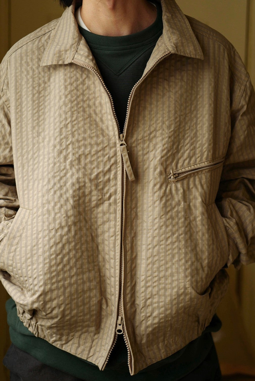 USAGE Jacquard Check Harrington Jacket in Beige - On Male Model