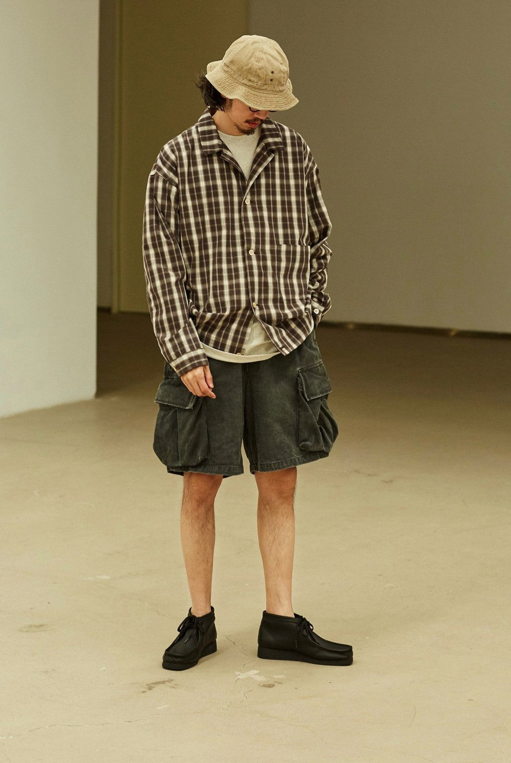 USAGE Gradient Plaid Cotton Blouson in Brown - On Male Model