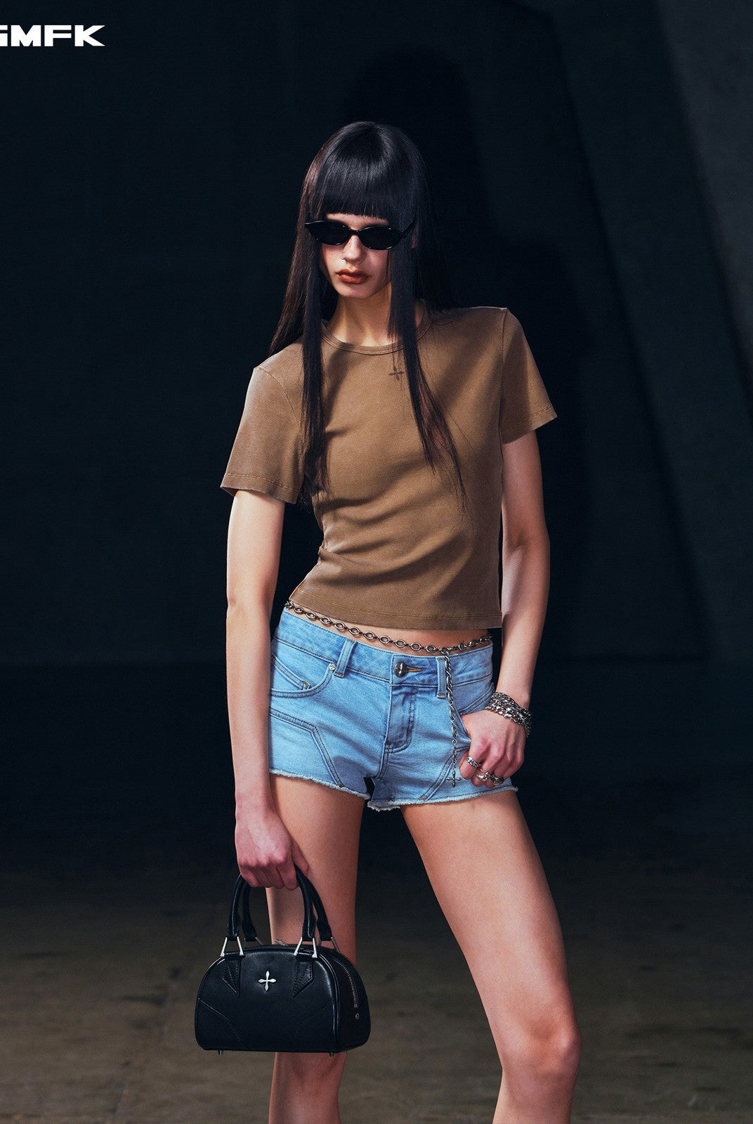 SMFK Silk Blend Short Sleeve Crop Top in Brown - On Female Model