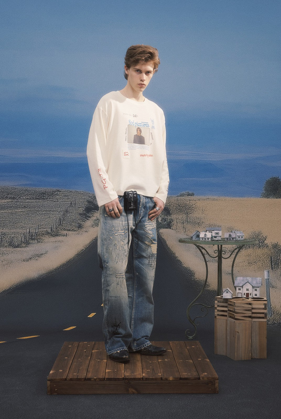 SOD Keanu Graphic Waffle Knit Top in White - On Male Model