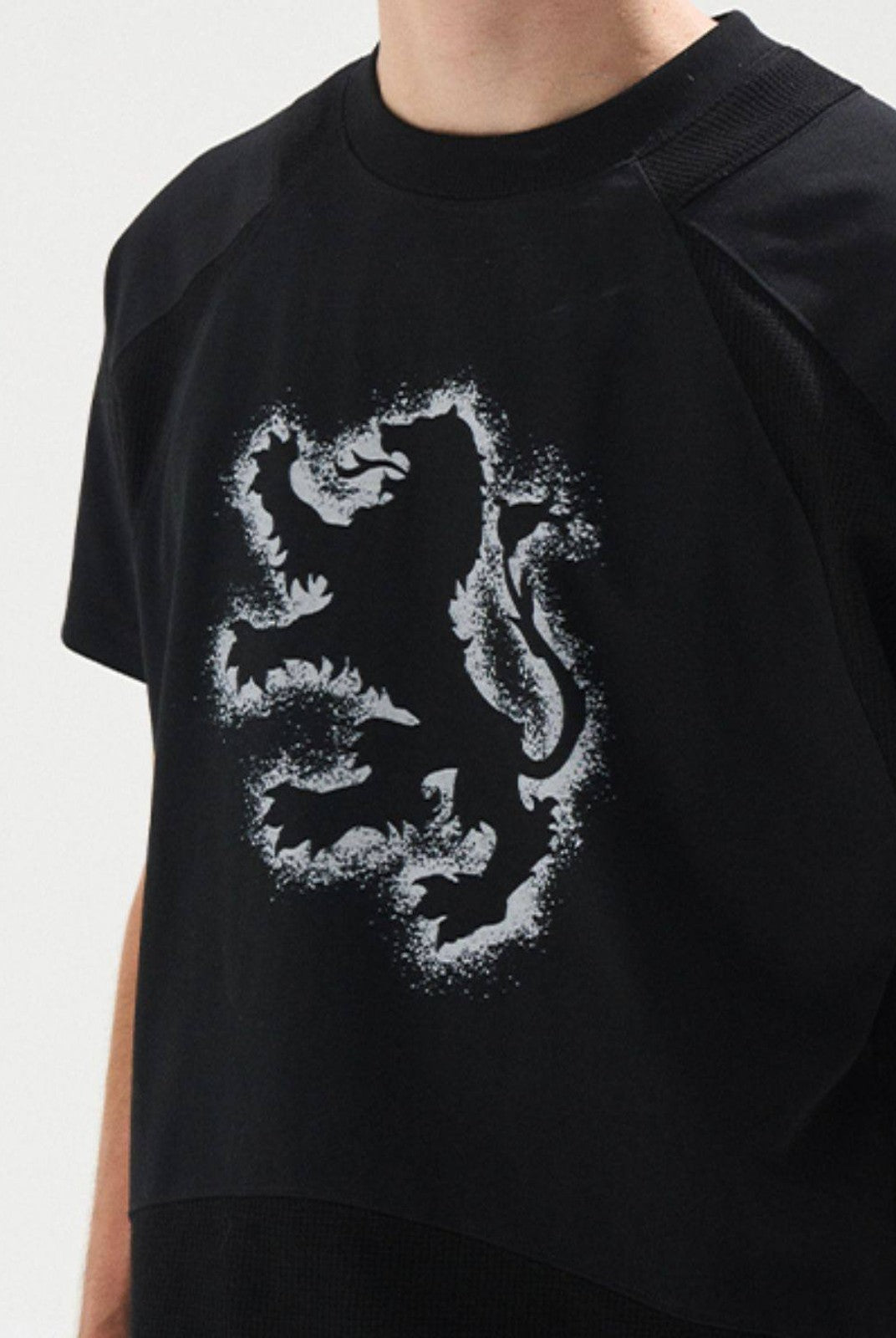 BLINDNOPLAN Sorona Panelled Graphic T Shirt in Black - On Male Model