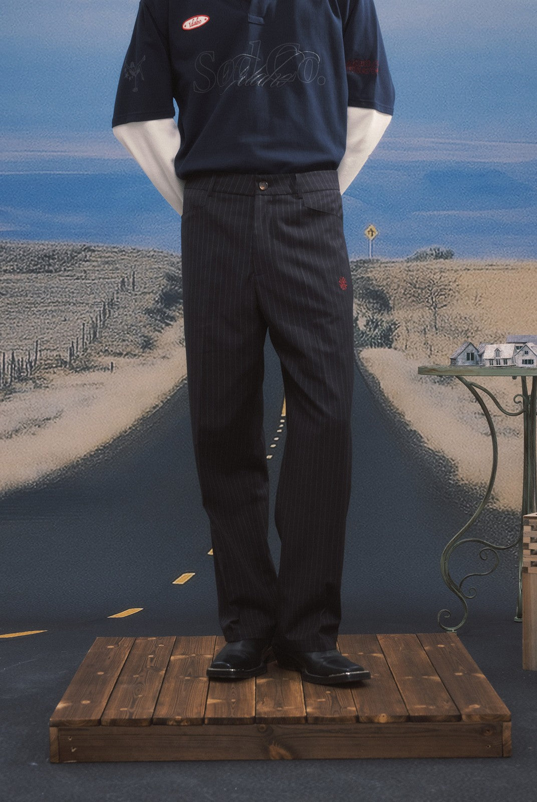 SOD Melvins Embroidered Pinstripe Trousers in Black - On Model