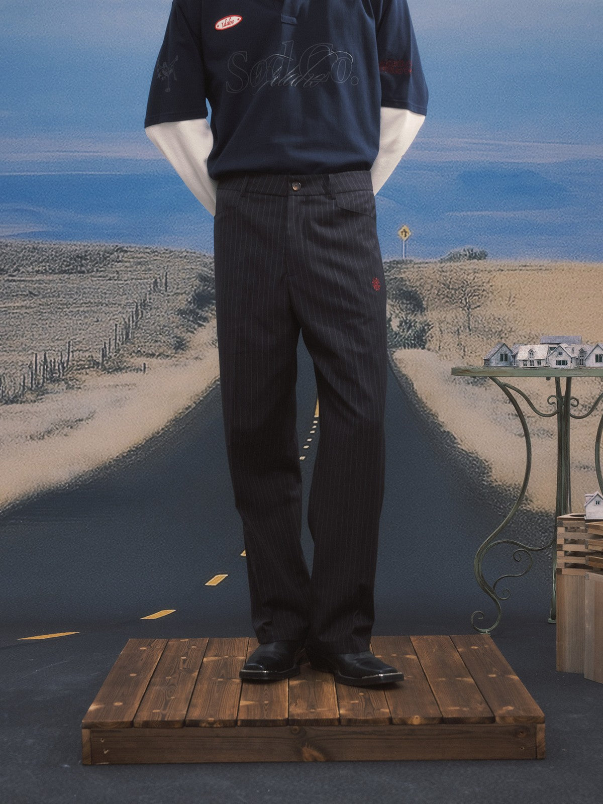 SOD Melvins Embroidered Pinstripe Trousers in Black - On Model